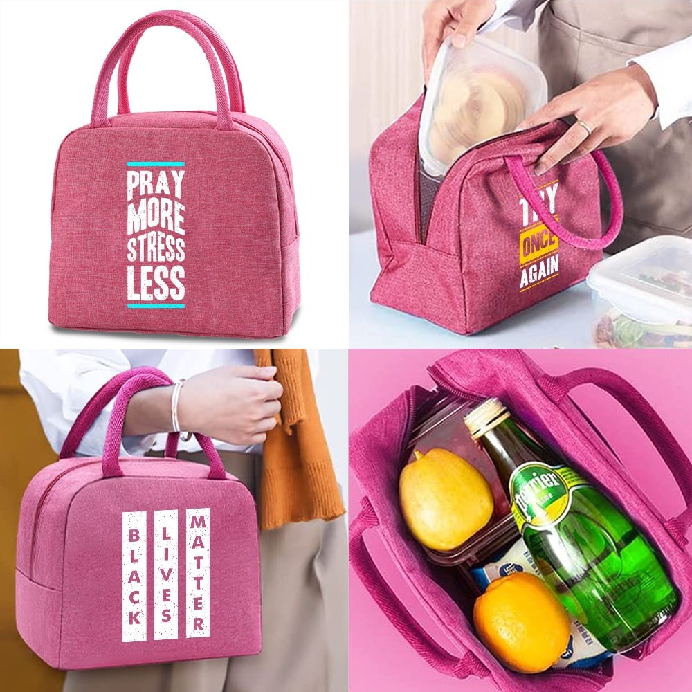 Lunch Bag Women Kids Lunch Thermal Phrase Canvas Cloth Bag Insulation Organizer Picnic Portable