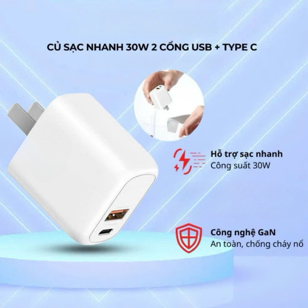 Củ Sạc Nhanh 30W  2 Cổng 1 Cổng USB và 1 Cổng TypeC PD 30W Công Nghệ GaN