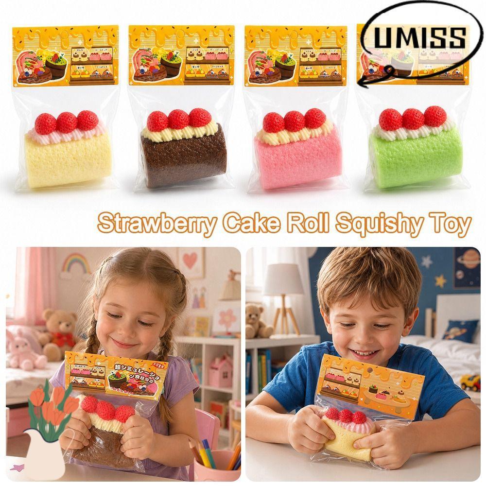 Đồ chơi Squishy tráng miệng UMISS, Phong cách thực phẩm TPR Cake Roll Squishy, Topping dâu tây thời 