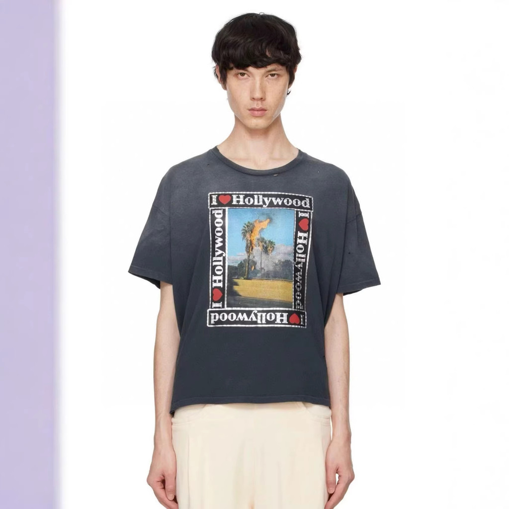 HW9P Paly Hollywood Retro Rửa Đau Khổ Hollywood In Hình Áo Thun Rời Tay Ngắn Unisex