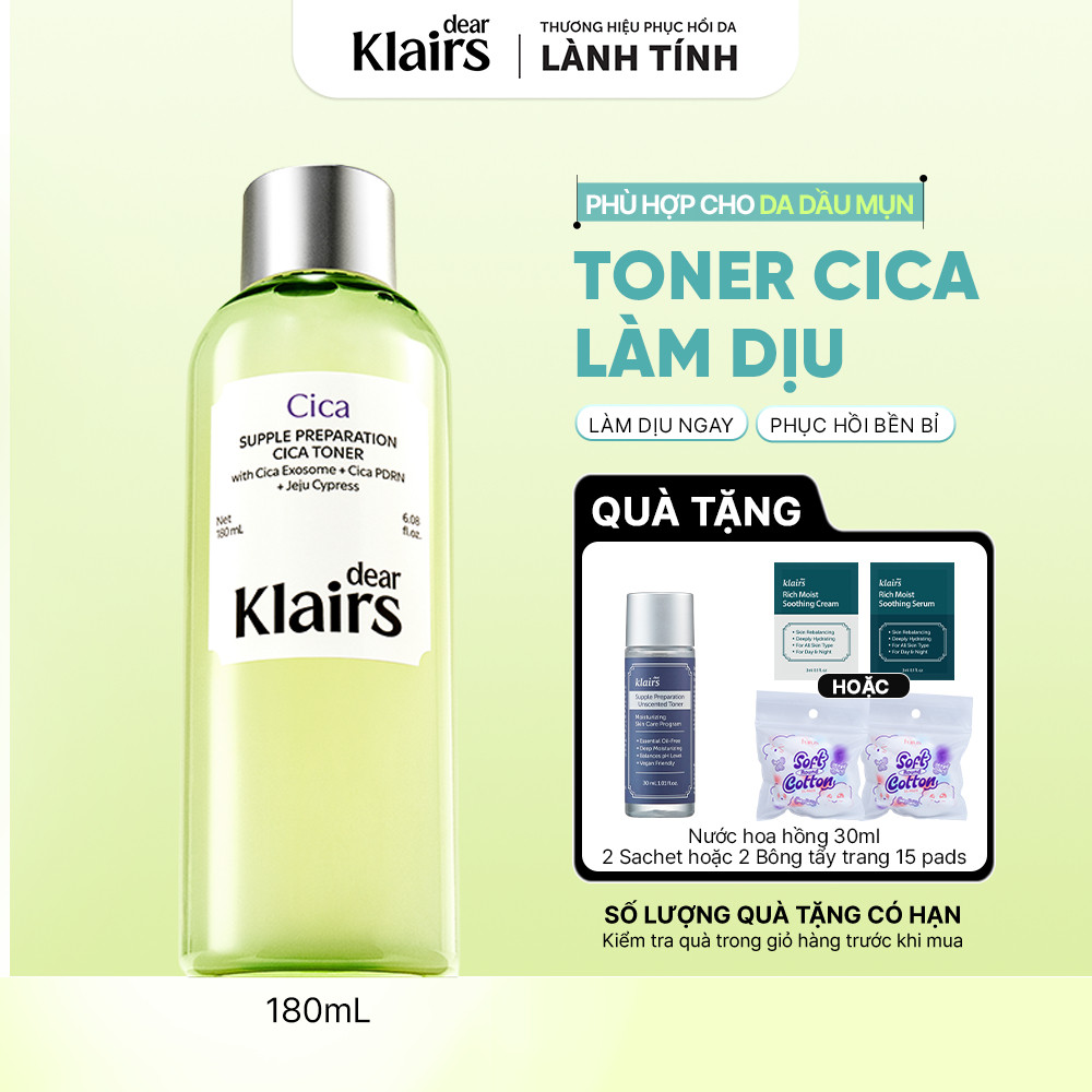 Nước hoa hồng Dear Klairs Supple Preparation Cica Toner 180ml [FS]