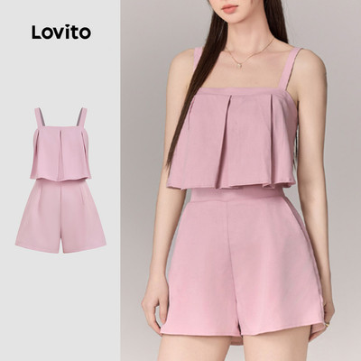 Jumpsuit Lovito xếp nếp mùa xuân/hè màu hồng phong cách thường ngày cho nữ L178ED614