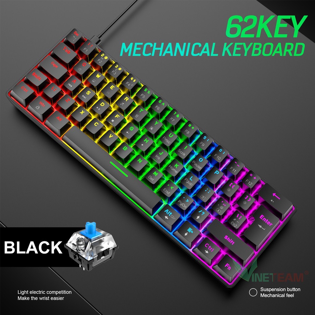 Bàn phím cơ Gaming Ziyoulang T60 62 phím led rainbow , Blue Swich dành cho game thủ