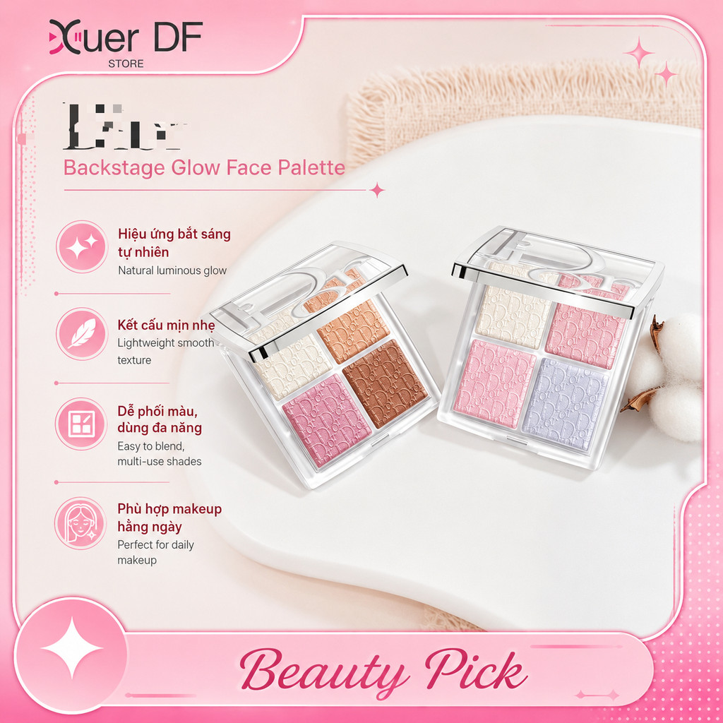 Phấn Highlight 𝔻𝕚𝕠𝕣 𝗕𝗔𝗖𝗞𝗦𝗧𝗔𝗚𝗘 𝗚𝗟𝗢𝗪 𝗙𝗔𝗖𝗘 𝗣𝗔𝗟𝗘𝗧𝗧𝗘 10g | Bảng Bắt Sáng Đa Sắc, Makeup Tự Nhiên, Hiệu Ứn