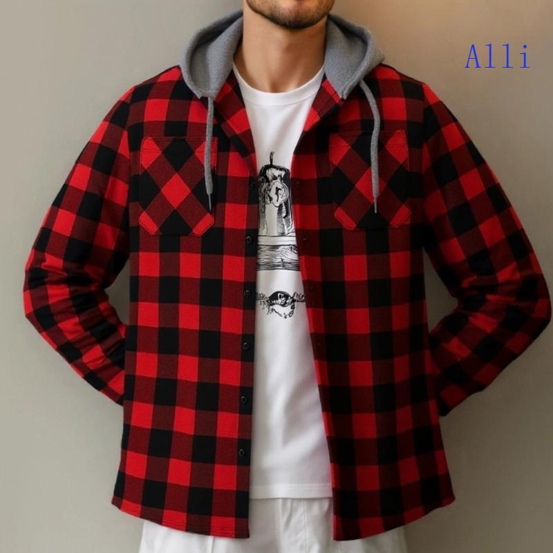 Men's Hooded Shirt Checked Pattern Casual Loose Long Sleeve Button Down Jacket