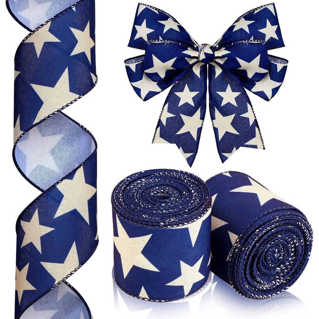 MTLEE 2 Cuộn 20 Yard 4th of July White Star Blue Edge Ngày độc lập Ruy băng yêu nước 2,5 Inch 4th of