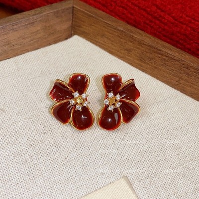 Pinkdudu Burgundy Cánh Hoa Bông Tai Nhỏ Giọt Glaze Vintage Dangles Ánh Sáng Sang Trọng Trang Sức Thời Trang Cho Nữ PD2666
