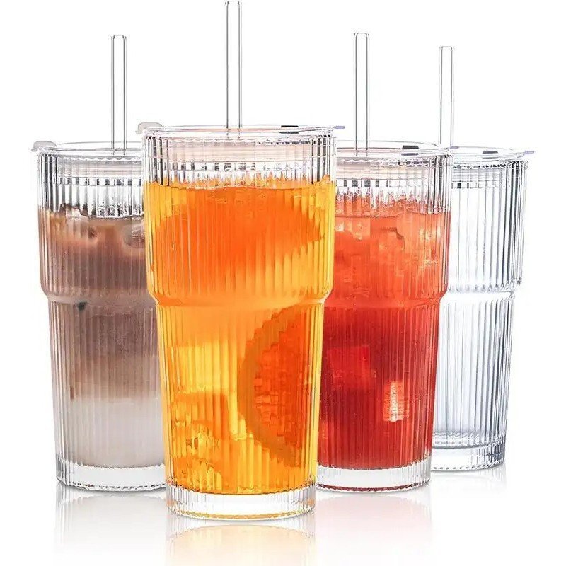 DWTS DANWEITESI 17oz Vertical Stripes Glass Coffee Cups with Lid & Straw Set of 4 Premium Drinking G