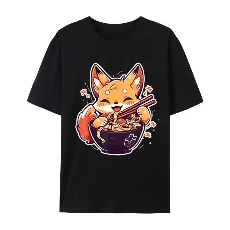 2026 Dễ Thương Nhật Bản Kawaii Cáo Ăn Ramen Thanh Thiếu Niên Tee In Hình Họ Bình Thường Nguyên Chất 