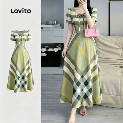 Đầm nữ Lovito xanh lá xuân hè hình học thanh lịch LK6ED325