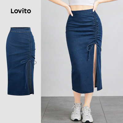 Chân váy denim nữ Lovito xanh dương xuân hè wash xếp nếp phong cách thường ngày L189AD019
