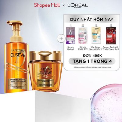 Bộ dầu gội và mặt nạ ủ tóc giúp tóc suôn mượt, nuôi dưỡng sâu Extraodinary Sleek Oil Smooth L'Oreal Paris 440ml, 250ml
