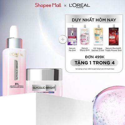 Combo hỗ trợ dưỡng sáng da mờ thâm nám L'oreal Paris Serum Glycolic melasyl 8% 30ml & Kem đêm Glycolic Bright 50ml