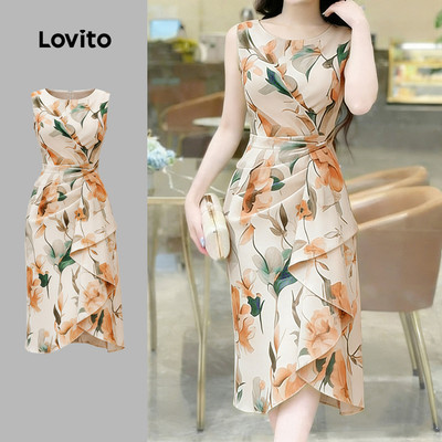 (New Arrival) Lovito Đầm nữ mùa xuân/hè không đối xứng hoa bèo nhún phong cách thường ngày L196ED941