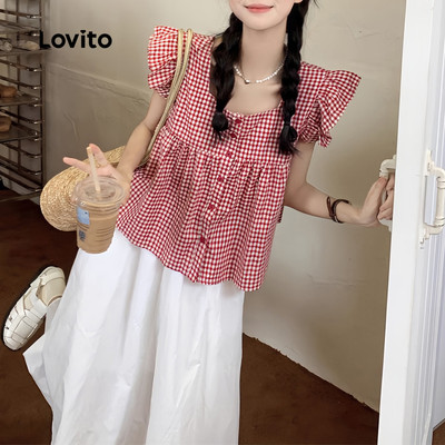 (Kỳ nghỉ) Lovito Áo kiểu Gingham Nút Ruffle Draped Frill Tay áo mùa xuân hè màu đỏ dành cho nữ L136AD143