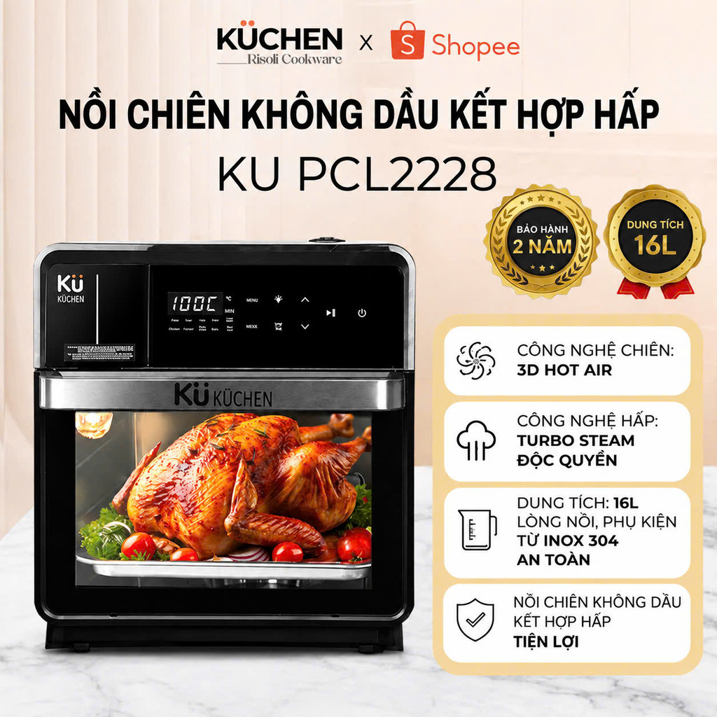 Nồi Chiên Không Dầu Kết Hợp Hấp 16L Ku Kuchen PCL2228 - 11 chế độ chiên hấp, BH 2 Năm