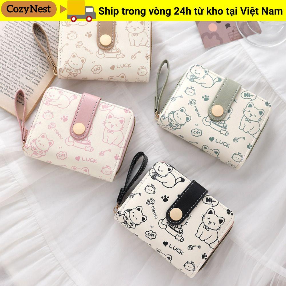 Ví ngắn COZYNEST, Hộp đựng thẻ ID dung tích lớn bằng da PU, Ví đựng tiền xu nhẹ hình mèo dễ thương