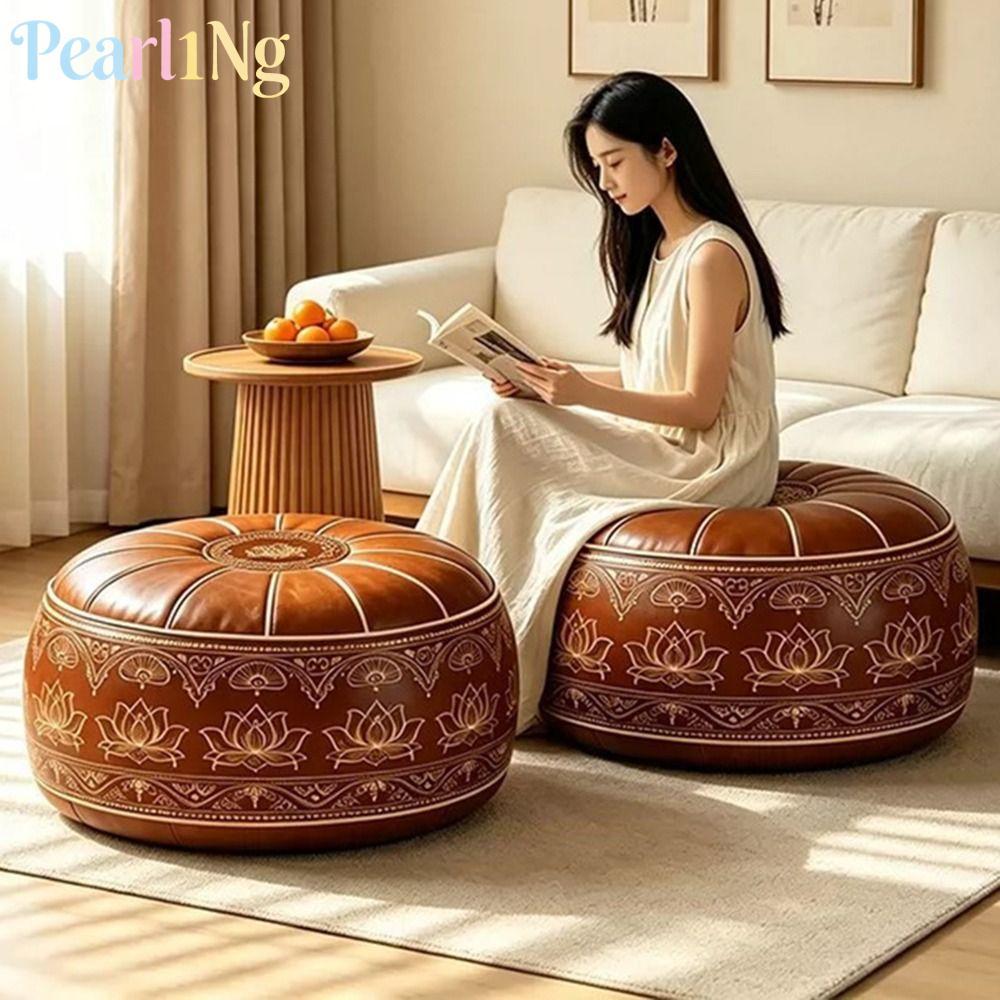 PEARLTH Storage Ottoman, Hình Tròn Da PU Fillable Ottoman Pouf, Phong Cách Ma-rốc Thêu Họa Tiết Tròn
