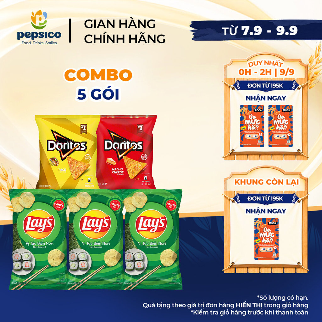 Combo 3 Gói Snack Khoai Tây LAY'S 90G Vị Tự Nhiên/Tảo Biển + Combo 2 Gói Snack Ngô Giòn DORITOS 65G 