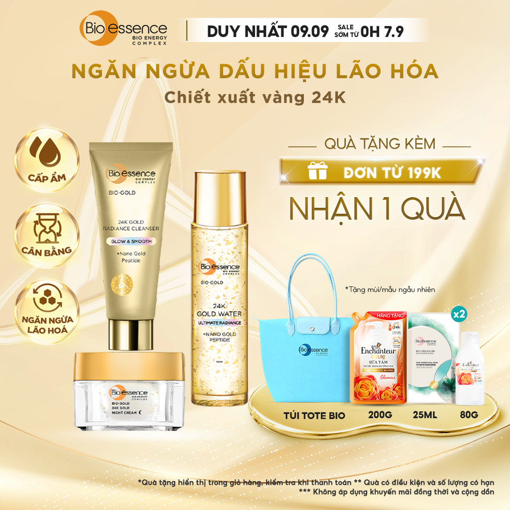 Bộ Bio-essence Bio-essence Gold – Tinh chất vàng 24k: Nước dưỡng 150ml, Sữa rửa mặt 100g, Kem Dưỡng 