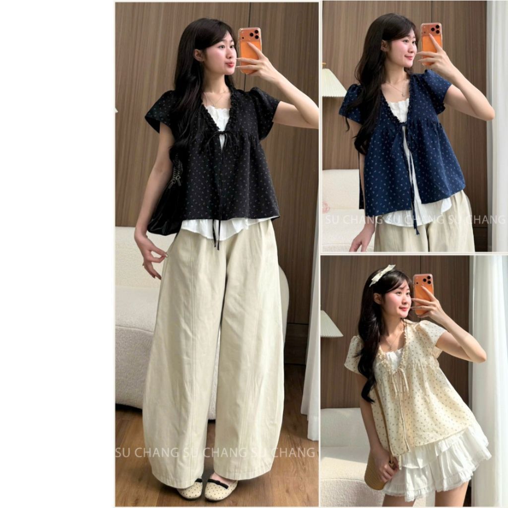 Áo Babydoll Viền Bèo Cộc Tay Hoa Nhí Nơ Ngực Phối Ren Boi Trắng A874Su - Lisa botique
