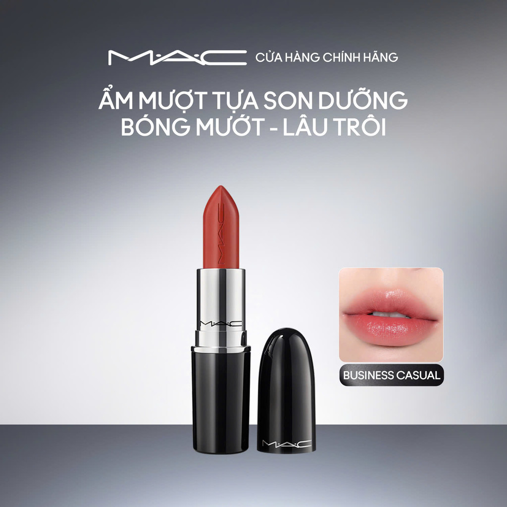 Son thỏi bóng mượt MAC Lustreglass Sheer-Shine Lipstick Lên màu nhẹ nhàng, Chất son mỏng nhẹ.