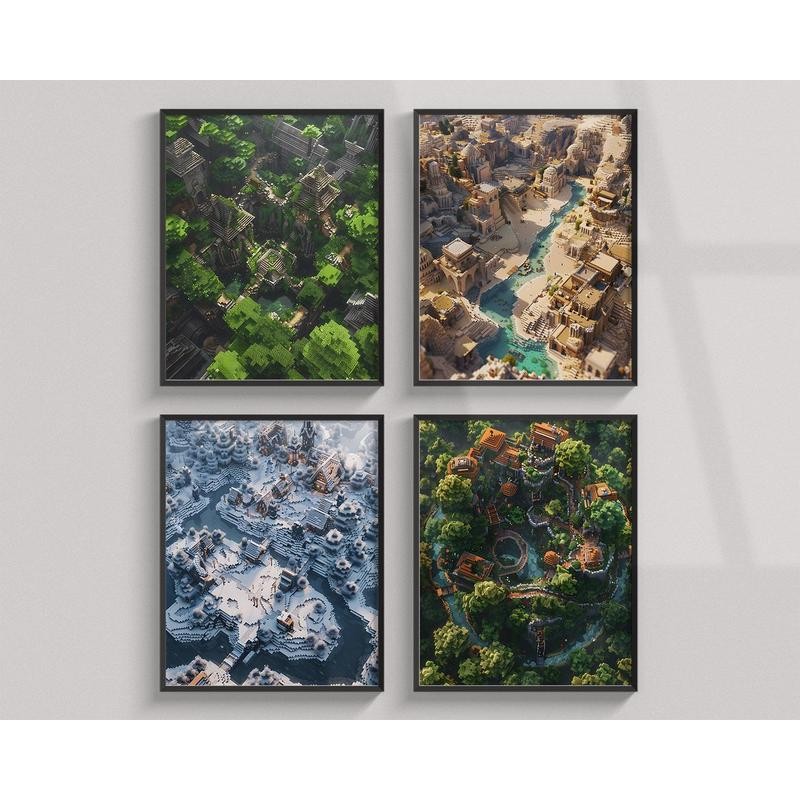 Bản Đồ Minecraft Bộ Nghệ Thuật Treo Tường Phong Cảnh Minecraft In Pixel Video Game Poster Hình Minec