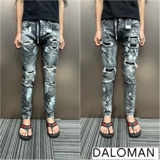  Quần jean nam xám khói rách vẩy sơn  mix khoá lệch form skinny ôm boy phố hàng 4 khuy-DALOMAN 