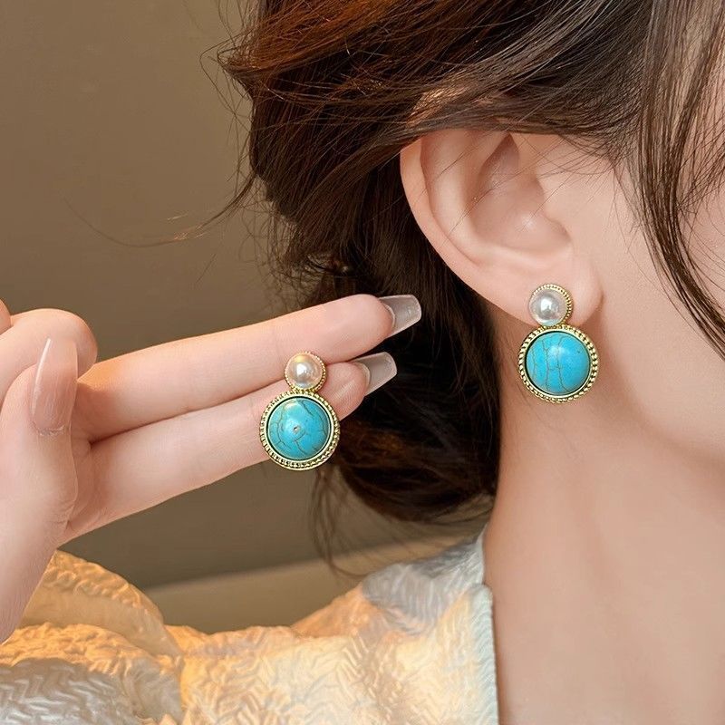 Pháp Vintage-Style Boho Turquoise-Look Bông Tai fror Nữ Cô Gái Màu Xanh Tròn Ngọc Trai Bông Tai Tran