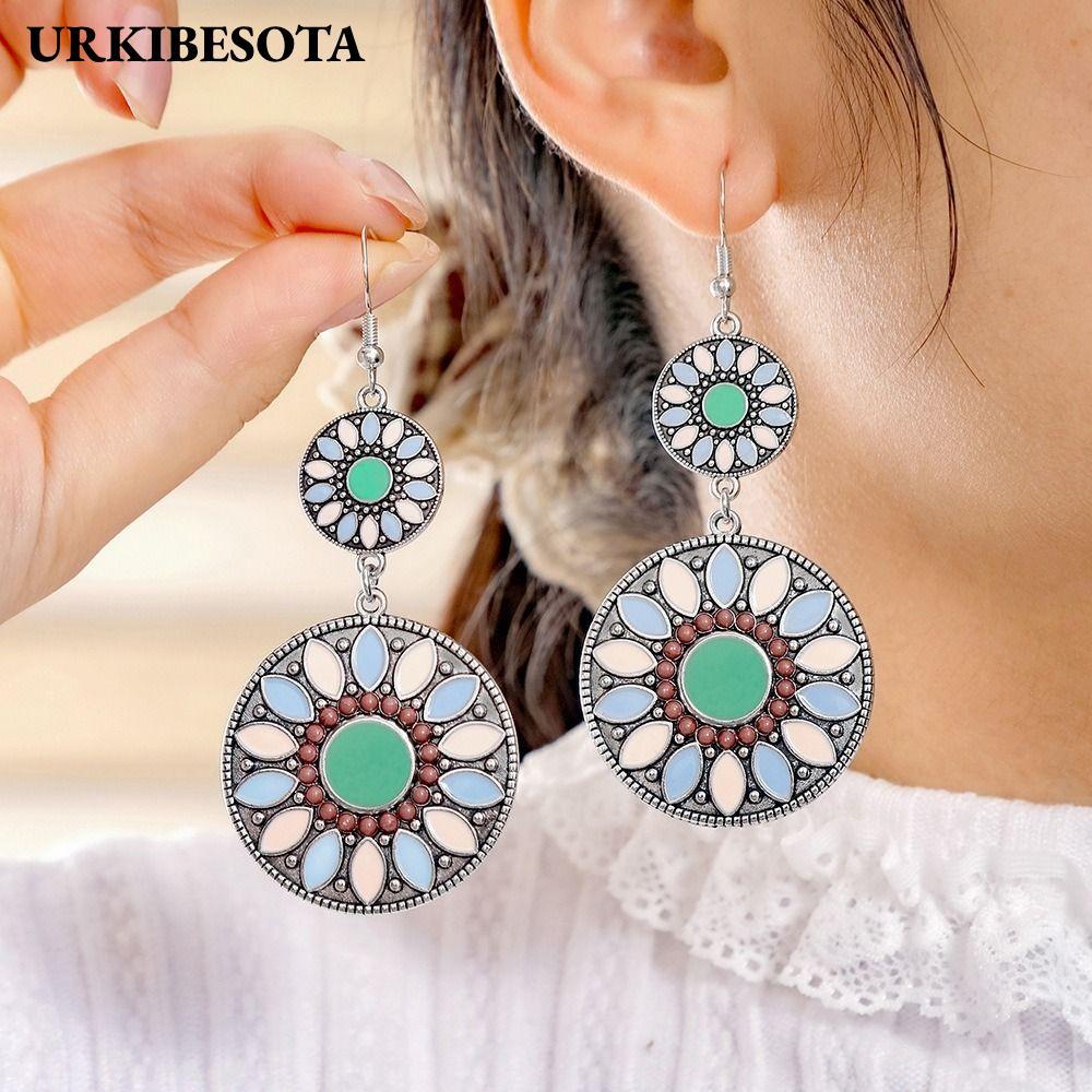 Bông tai mặt dây chuyền hoa URKIBESOTA, tai rối nhiều màu Bohemian, Men dầu cổ điển Hình tròn bóng B