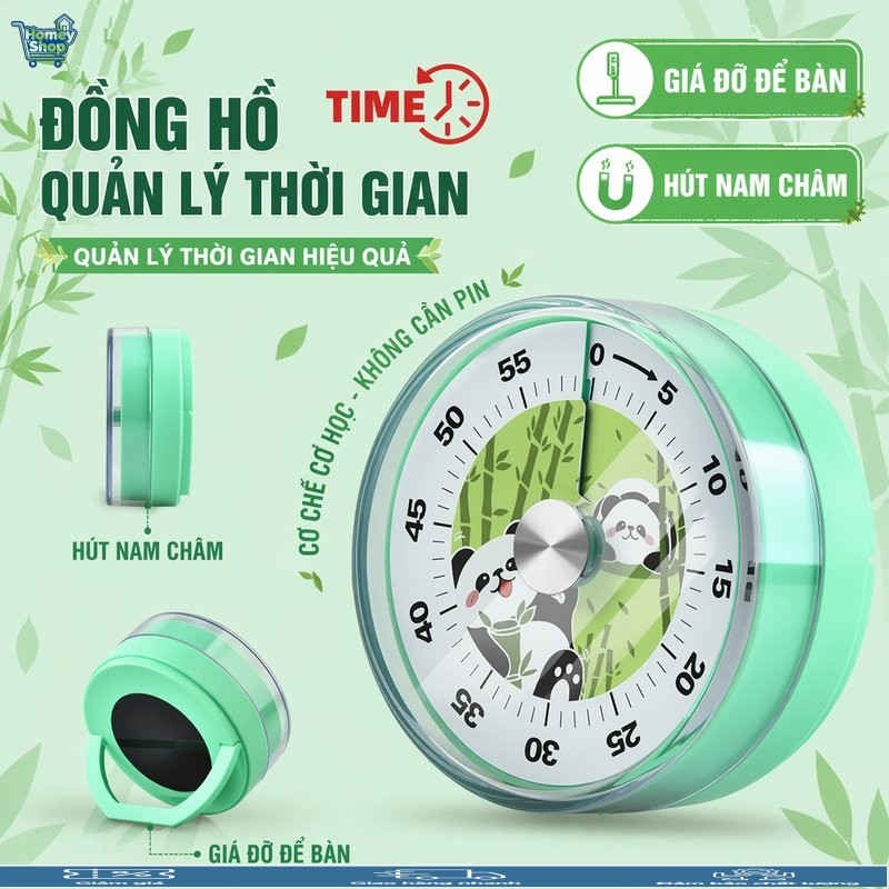 Đồng hồ hẹn giờ đếm ngược 60 phút cơ nam châm, im lặng, không cần pin, gấu trúc dễ thương, dùng cho 
