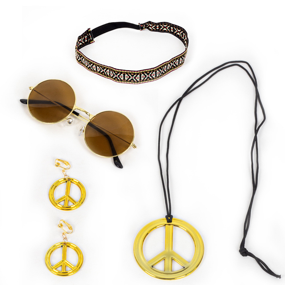 [Hàng có sẵn] Bán chạy Retro Age Theme Party Style Wig Hippie Peace Logo Vòng cổ Kính râm WJG