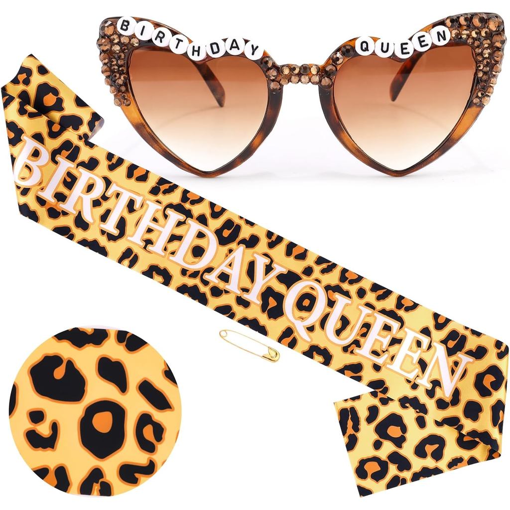 Bộ đồ trang trí sinh nhật vui vẻ in hình Cheetah - BIRTHDAY QUEEN Leopard Birthday Sash & Kính râm, 