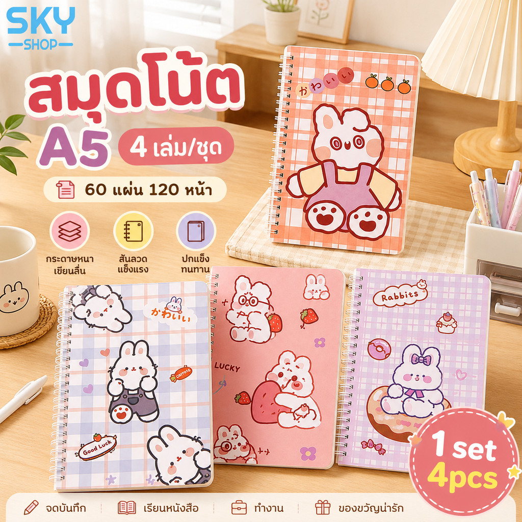 SKY A5 Notebook 4 Sách / bộ Bìa Cứng Dây Cột Sống Họa Tiết Hoạt Hình Dễ Thương 60 Tờ 120 Trang