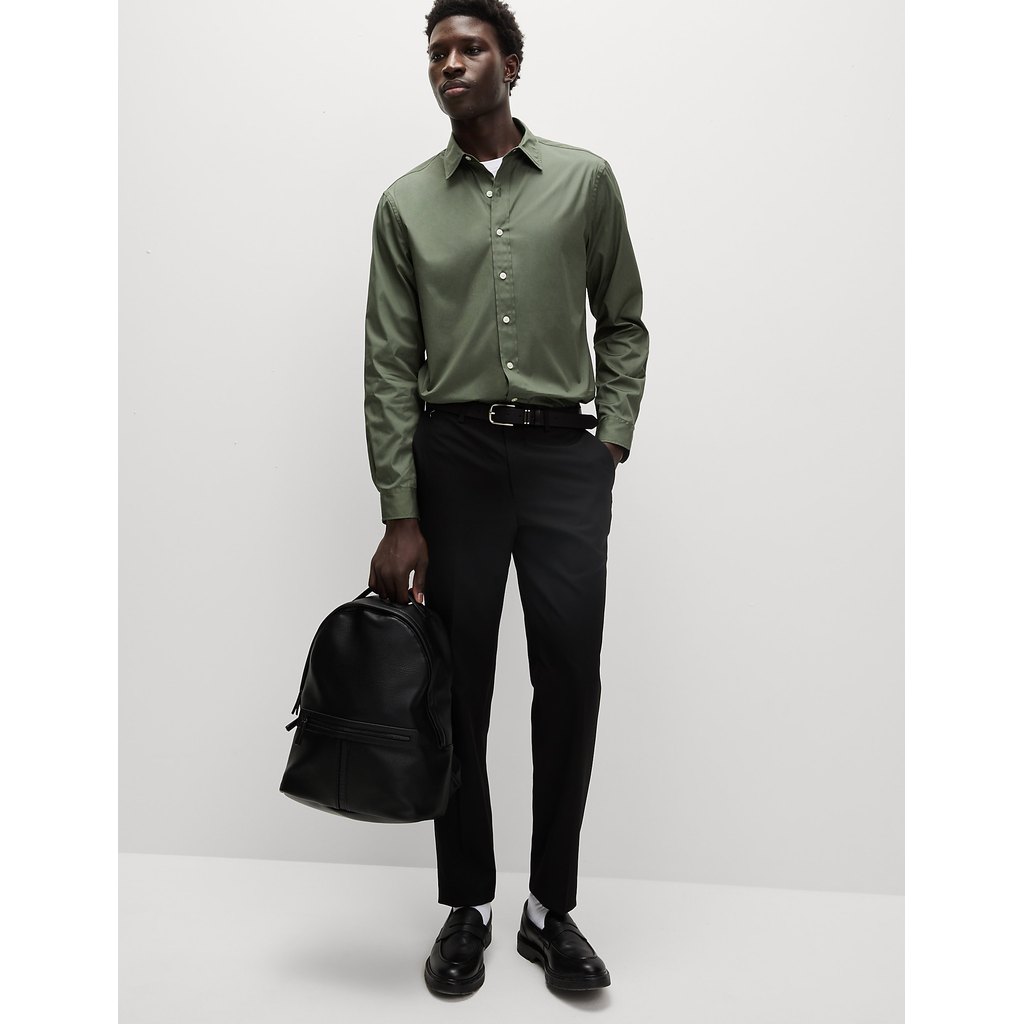 M&S - Men Shirts - Easy Iron Pure Cotton Shirt - GREEN