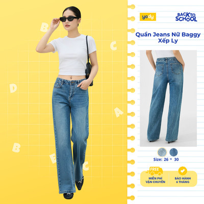 Quần Jeans Nữ Yody ống rộng, cạp cao liền cạp, Wide Leg Chiết Ly TRA -  WCJE26A010