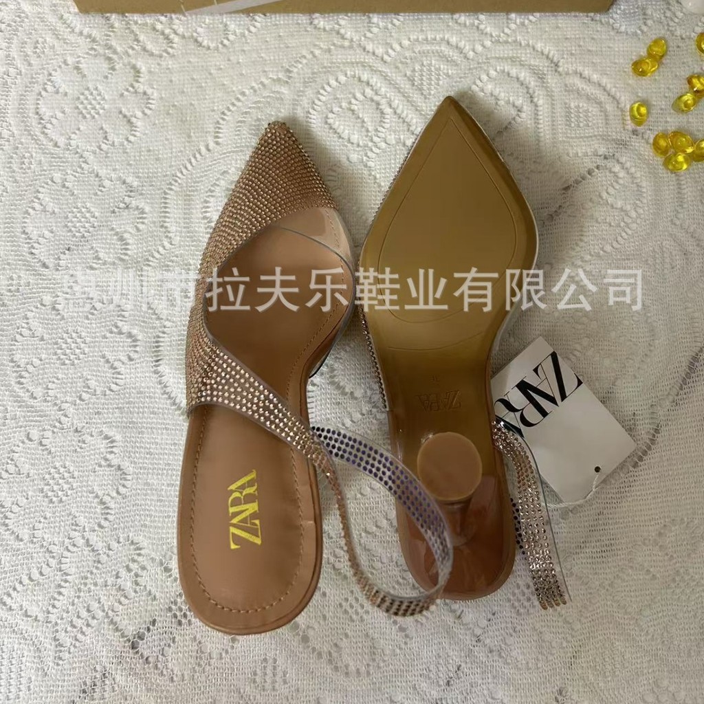 ZARA New pointed-toe low-cut casual sandals in natural color, shiny open-back high-heeled mules with