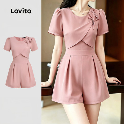(New Arrival) Lovito Bộ áo liền quần thường ngày giả 2 trong 1 xếp ly màu hồng nhạt xuân/hè cho nữ LK7ED318