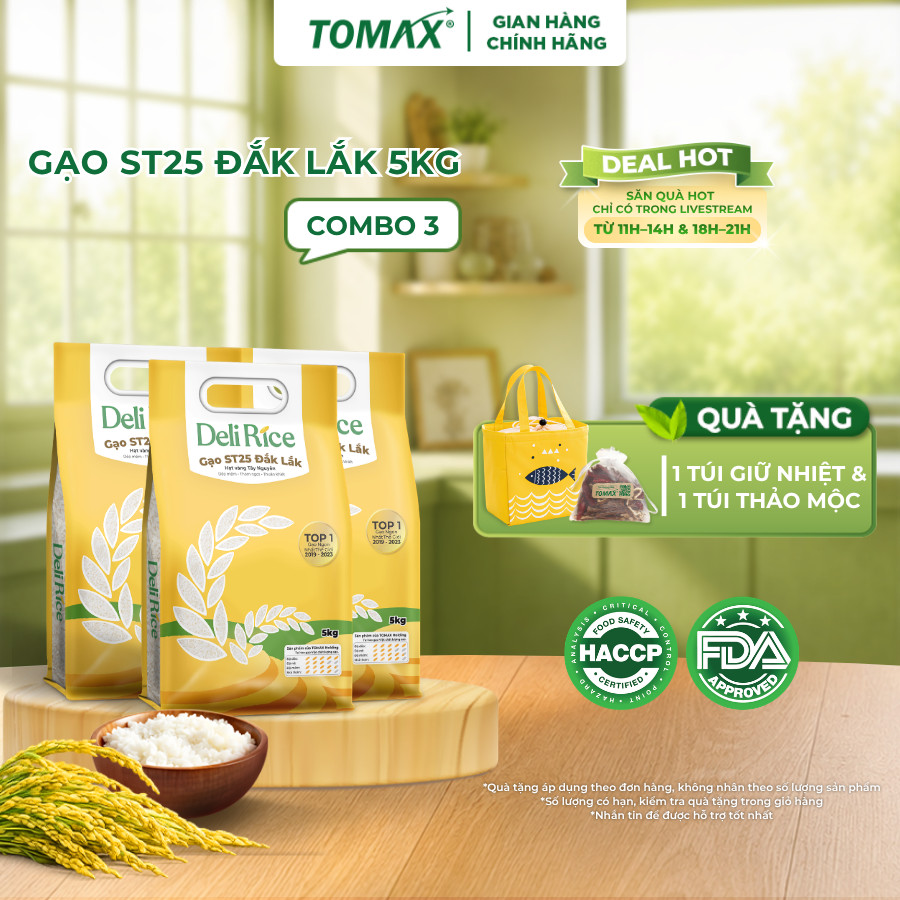 Combo 3 Túi Gạo ST25 Deli Rice 5kg Thượng Hạng, Dẻo Thơm Tự Nhiên, Vị Ngon Hòa Quyện - TOMAX