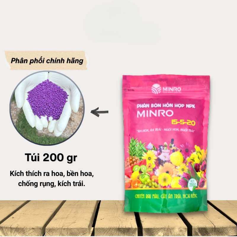 Phân bón NPK 15 - 5 - 20 Minro (200gr) - phân bón hỗn hợp NPK hòa tan hoàn toàn