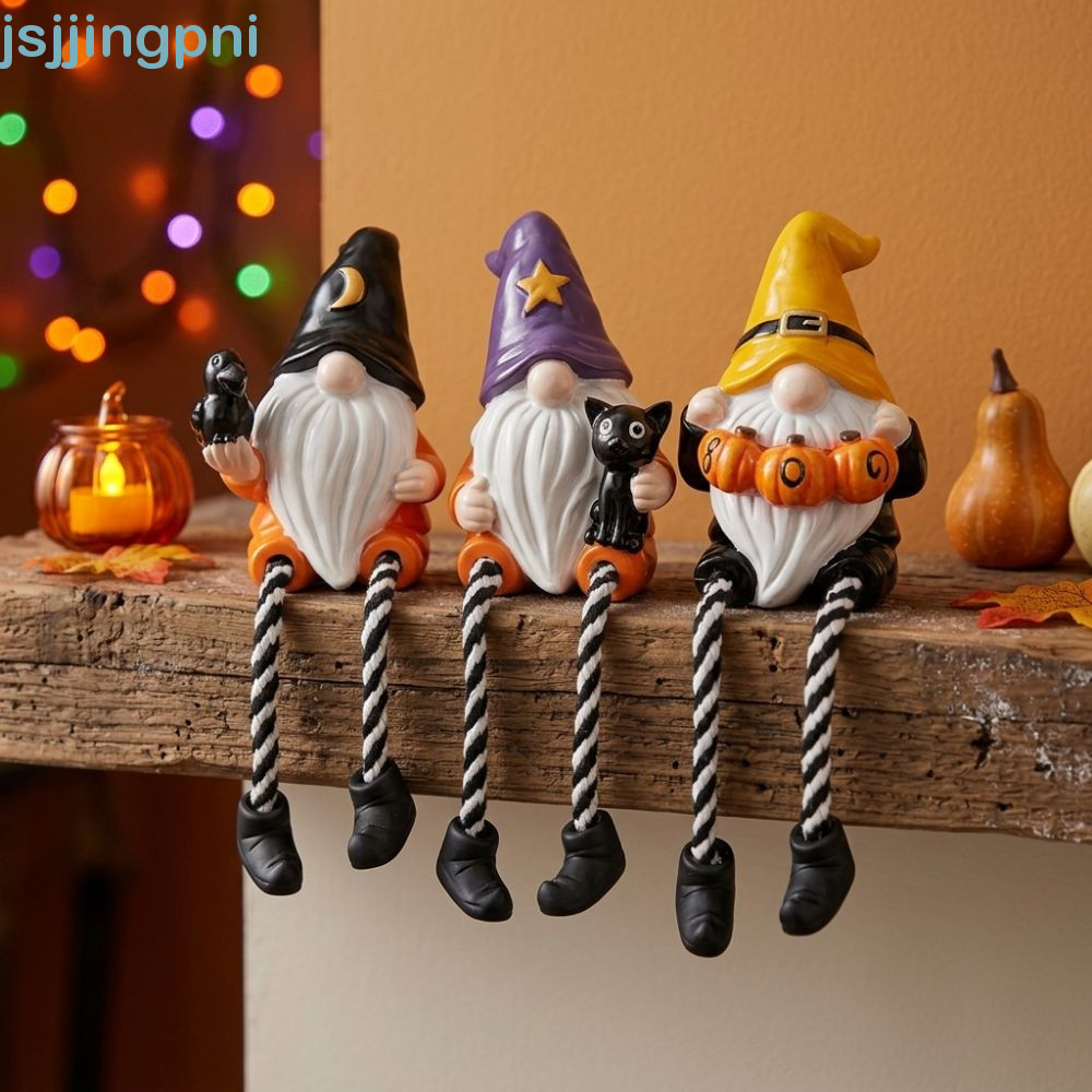 JSJJING Crow Black Cat Gnome Figurine, Nhựa Bí Ngô Halloween Gnome Kệ Sitter, Ma Quái Vẽ Tay Sọc Châ