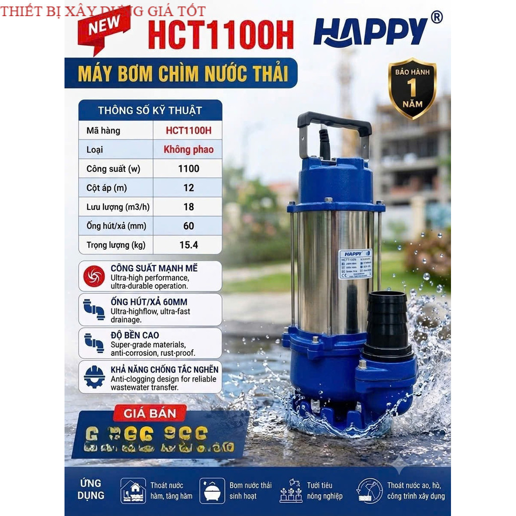 Máy Bơm Chìm  HAPPY-2.0 HP CN Ý    – Có Lưỡi Cắt Rác Tự Động – 220V, Công Suất 1500w, Ống  -60mm THI