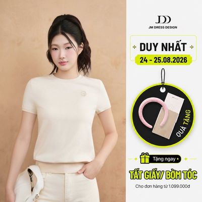 Áo Mongtoghi Cổ Tròn Trơn Thêu Logo JDD Trên Ngực 2K03.2509, Áo Len Dệt Kim Dáng Suông Ôm Nhẹ Thanh Lịch Nữ Công Sở JM