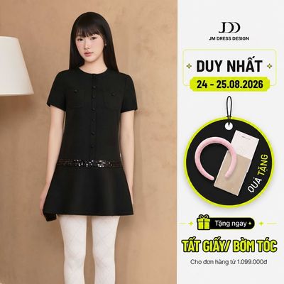 Đầm Cổ Tròn Túi Ốp Phối Kim Sa 1F12.2509. Đầm Suông Ngắn Dáng A Công Sở Thanh Lịch Tiểu Thư Sang Trọng Dự Tiệc Bởi JM
