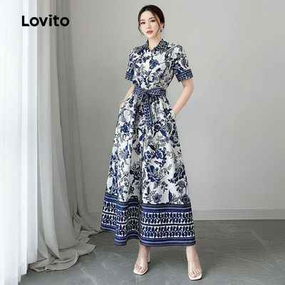 Lovito Kỳ nghỉ Váy Dạ Hội Nữ Cài Nút Thắt Lưng Xanh Dương Mùa Xuân Hè L154LD175
