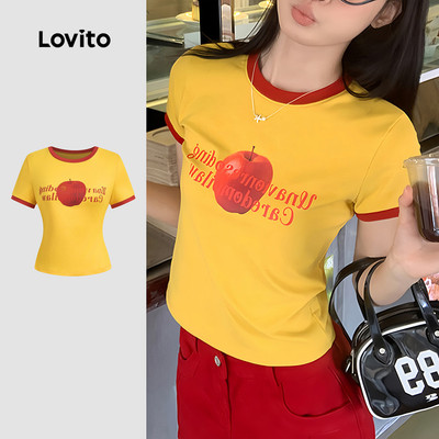 (New Arrival) Lovito Áo thun thường ngày màu vàng phối màu đơn giản cho nữ mùa xuân/hè LK7AD1077