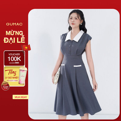 Đầm nữ GUMAC A cổ V phối trắng xếp ly 2 lớp vải bố linen dày dặn thanh lịch  DF05054