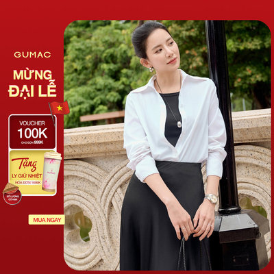 Áo mi nữ GUMAC tay dài màu trắng công sở chất liệu kate thun thoáng mát  AF07024