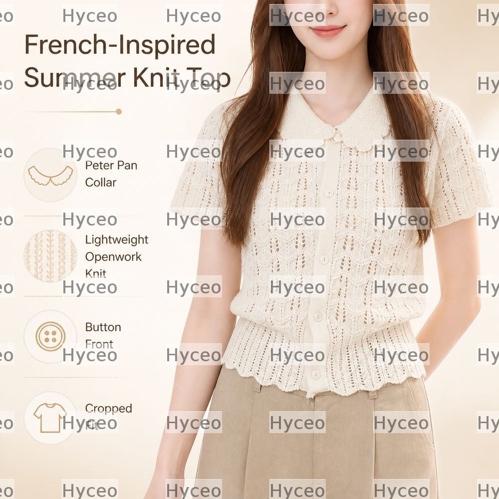 Áo sơ mi dệt kim tay ngắn HYCEO, Nút kiểu cắt phía trước Áo dệt kim crop Top, Peter Pan Collar Openw