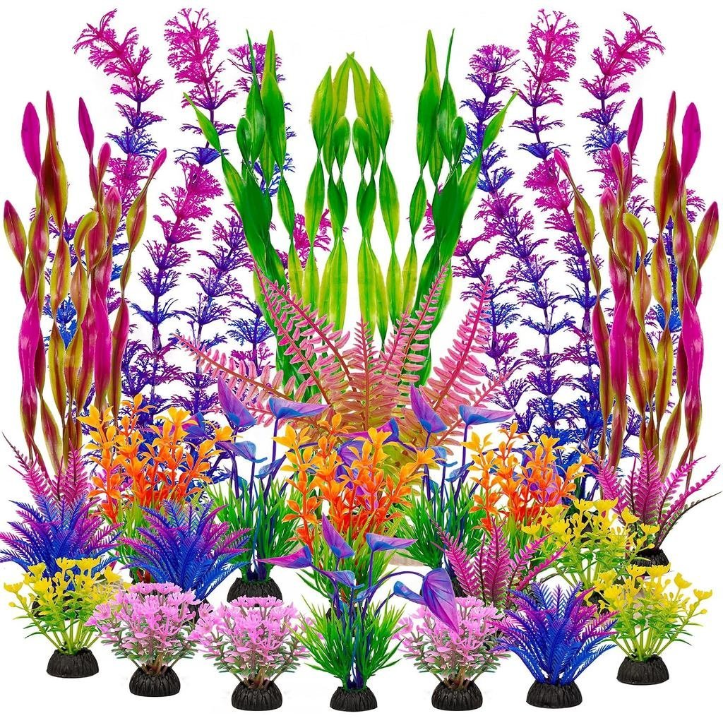 Ameliade 25pcs Fish Tank Artificial Plastic Plants Decorations Large Aquarium Decor Betta Goldfish T